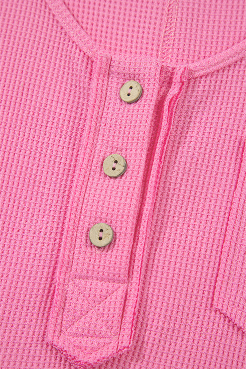 Bright Pink Waffle Textured Button Round Neck A-line Tiered Sleeveless Dress